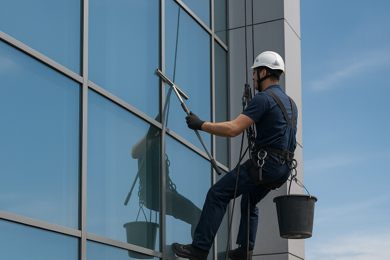 Ein professioneller Fensterreiniger arbeitet an der Glasfassade eines modernen Gebäudes in großer Höhe.